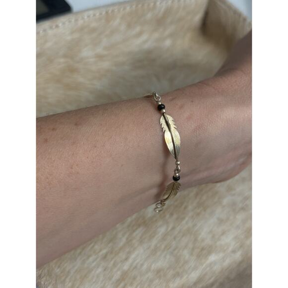 Native American SW Sterling Silver Feather Link Onyx Bracelet 7” - Picture 8 of 12